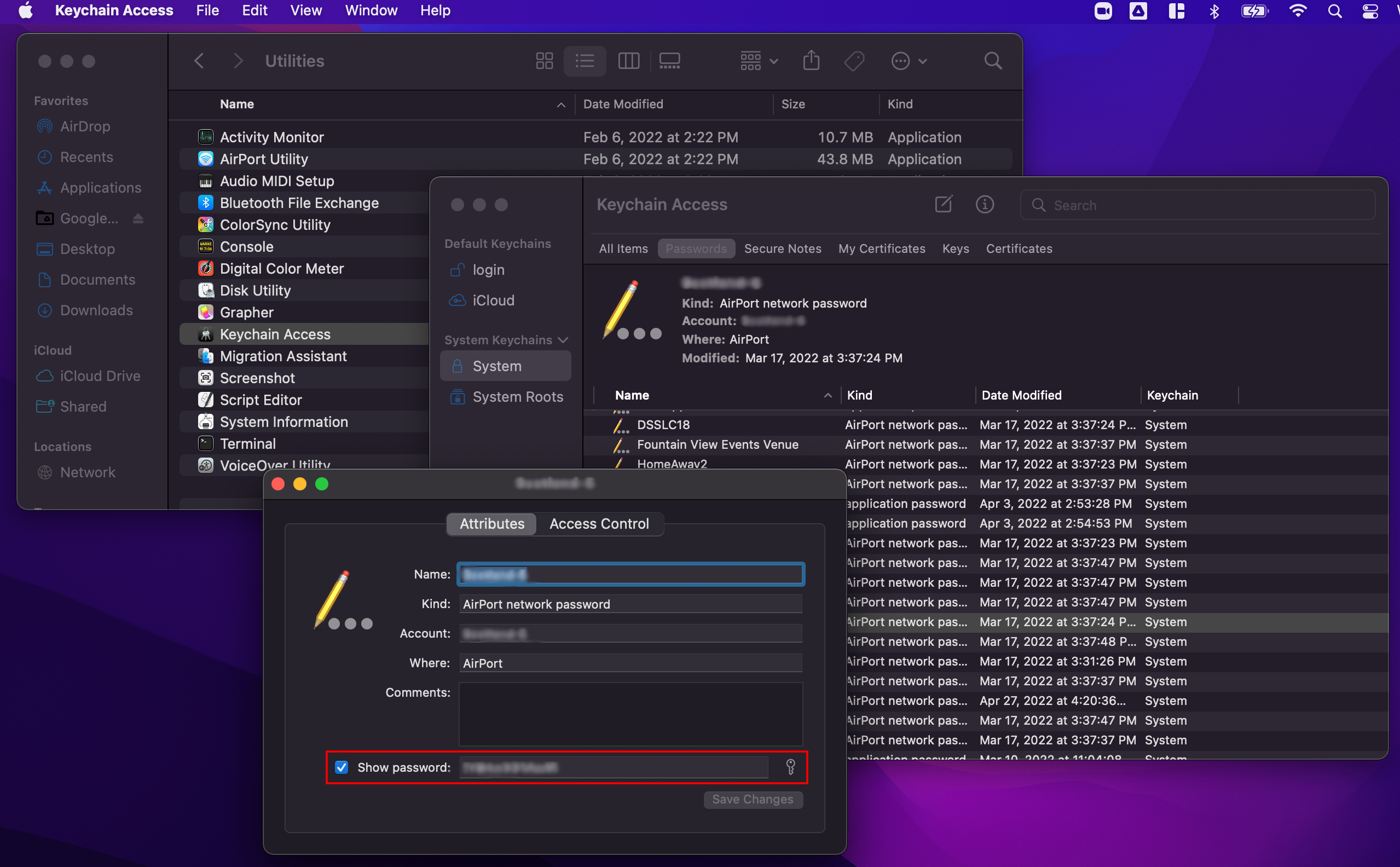 A screenshot of the Keychain Access app and Wi-Fi network password window on a Mac