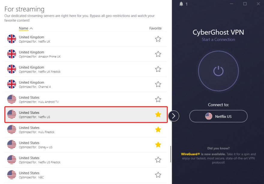 A screenshot of the CyberGhost VPN interface with a United States server that's optimized for streaming highlighted by a red box