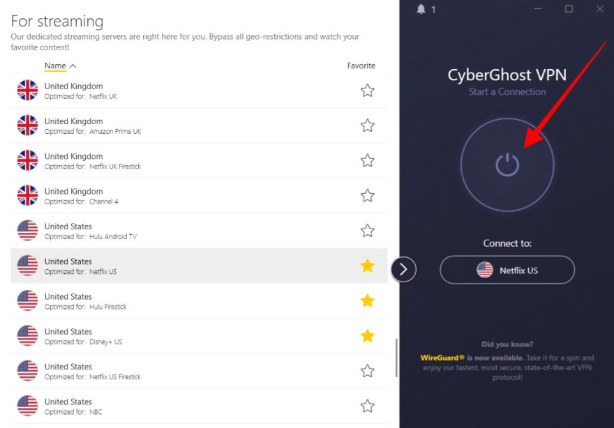 A screenshot of the CyberGhost VPN window, with a United States server chosen and the interface power button highlighted by a red arrow