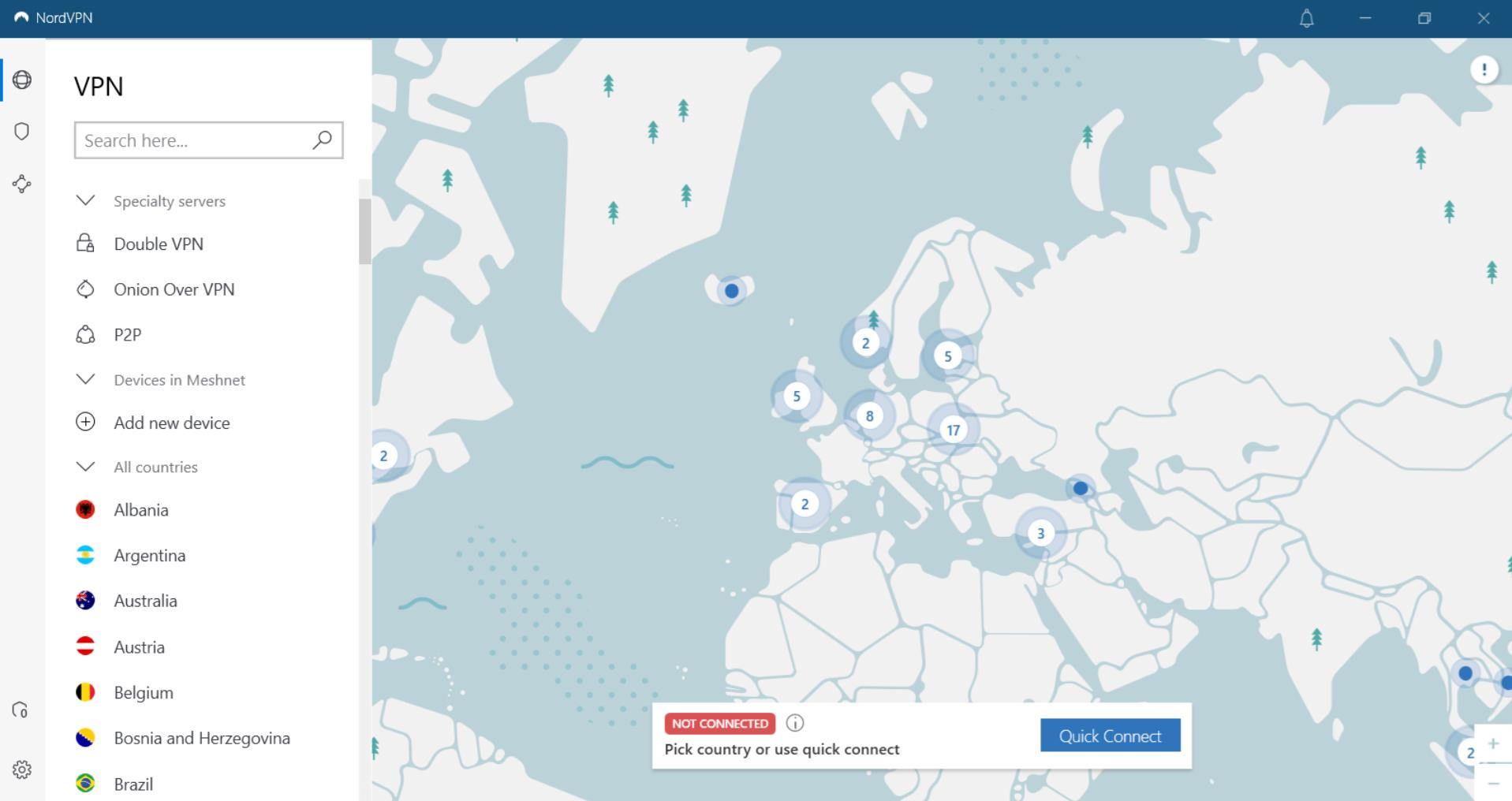 A screenshot of the NordVPN server list showing the specialty servers: Double VPN, Onion Over VPN, and P2P.