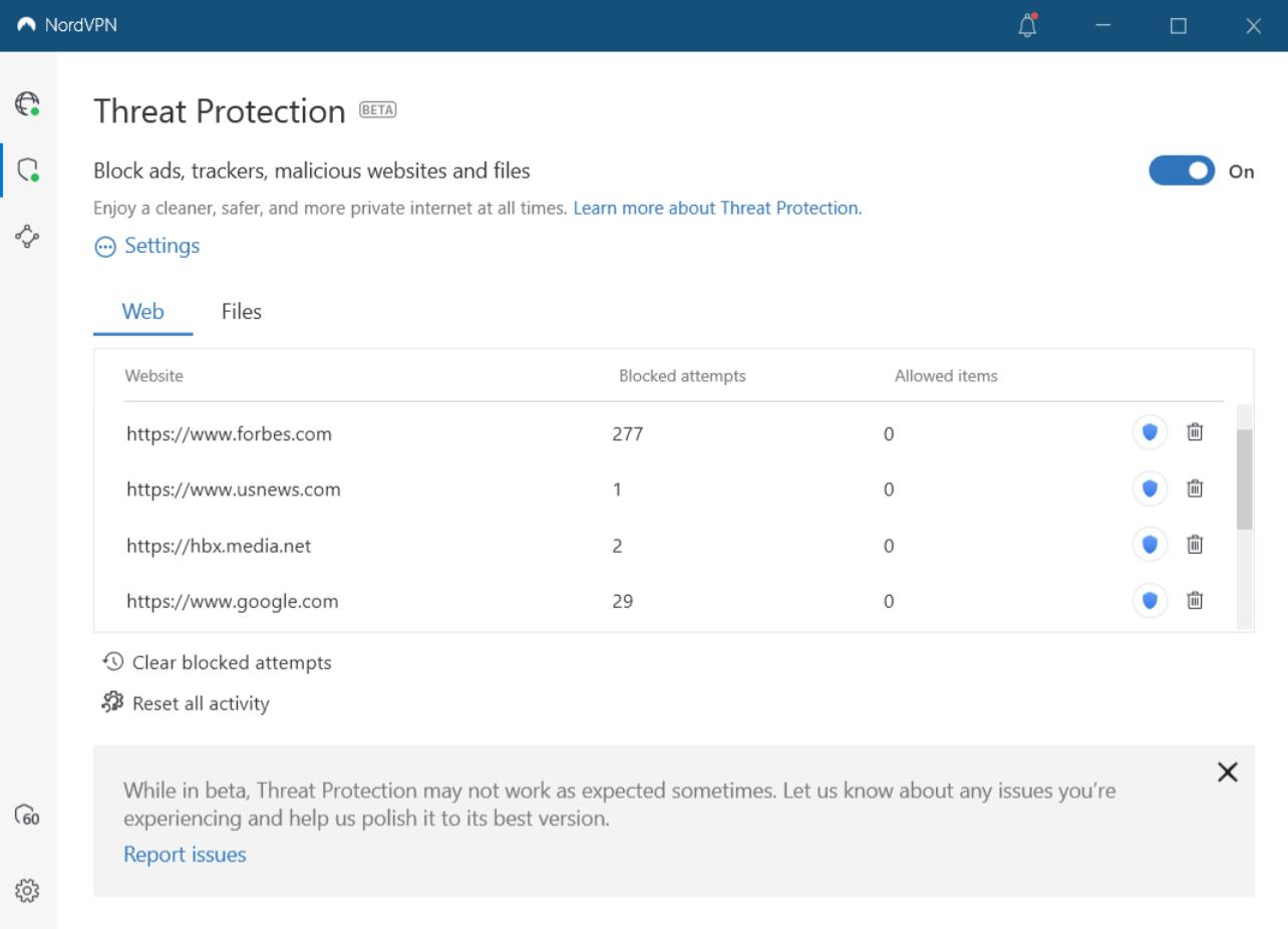 A screenshot of the NordVPN threat protection feature showing 277 blocked ads on Forbes.com.