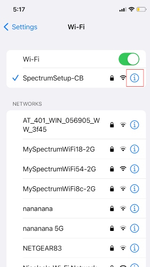 Screenshot of Wi-Fi settings