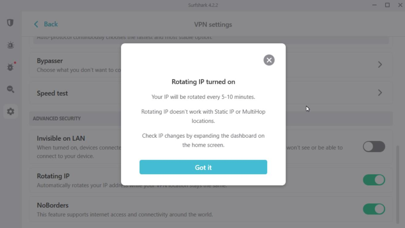 A screenshot of the Surfshark VPN Rotating IP feature, which changes a user's IP address every 5-10 minutes.