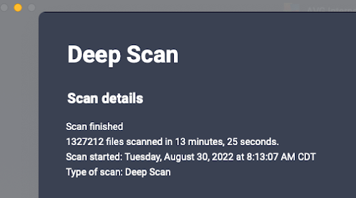 Our AVG antivirus scanned over 1 million files in 13 minutes and 25 seconds, which is pretty darn fast for a deep scan.