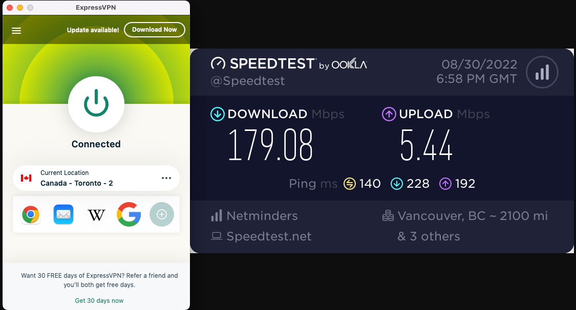 Our ExpressVPN speed test showed only a small drop in download speed when we connected to a Toronto, Canada, server.