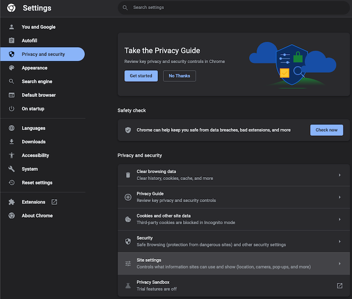 Navigate to Google Chrome's Privacy and security settings, then Site settings to begin turning off automatic downloads.