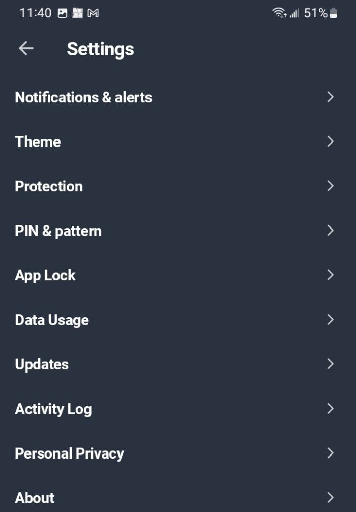 The AVG AntiVirus app on an Android on the settings screen.