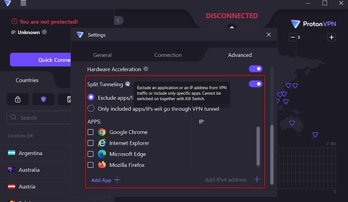 Proton VPN comes with a split tunneling feature, which allows you to exclude certain apps or software from having to use a VPN connection.