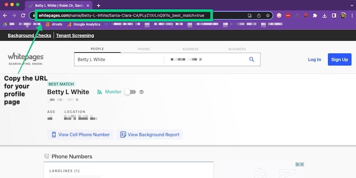 Copy the URL of your full Whitepages profile.