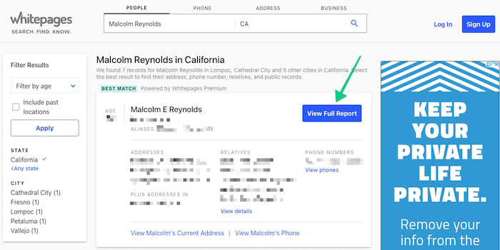 To opt out of Whitepages Premium, you'll need to look up your personal profile, then right click the View Full Report button and select Copy Link Address.
