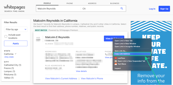 Right click on the View Full Report button on your Whitepages profile and select Copy Link Address to grab your full report URL without having to pay for Whitepages Premium.