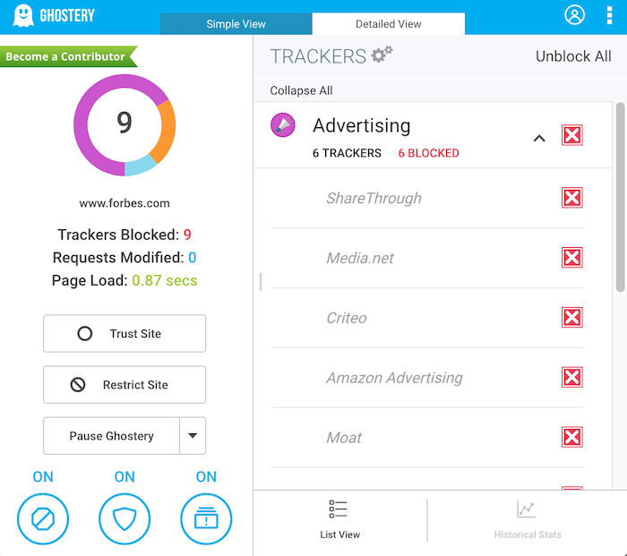 Ghostery offers both whitelisting and blacklisting capabilities.