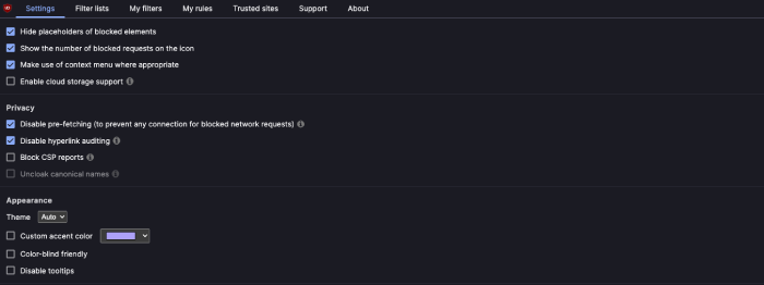 UBlock Origin's customization settings.