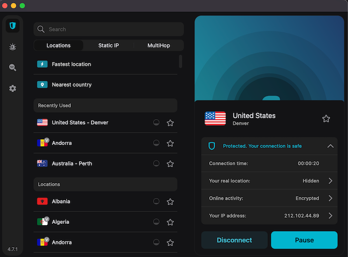 We connected to a Denver VPN server using Surfshark's Fastest Location button.