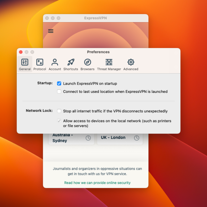ExpressVPN's preferences and settings set up.
