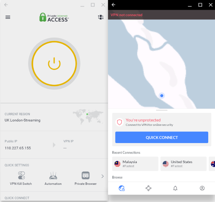 Private Internet Access and NordVPN dashboard side by side.