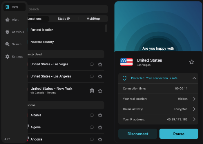 Surfshark's interface with a server list, alerts, antivirus, search features, and general settings.