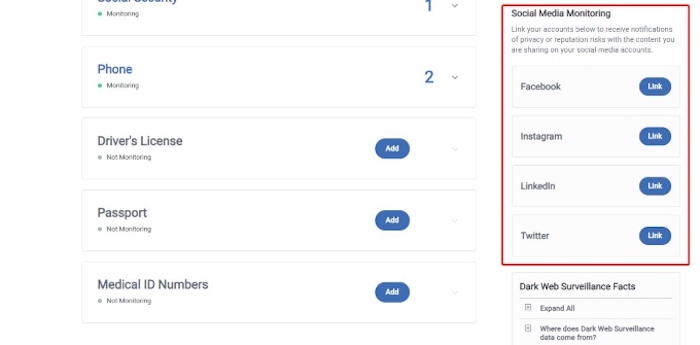 You can link social media accounts by navigating to the “Identity Monitoring” area in your account and looking down and off to the side for an almost hidden section.