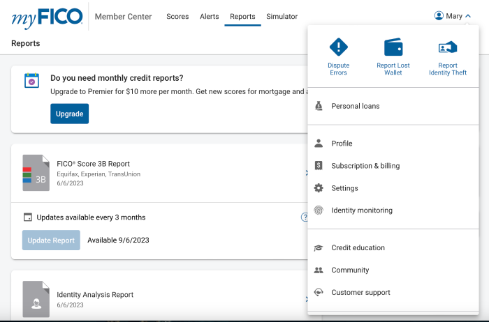 The myFICO dashboard under the reports tab and with the side bar options open.
