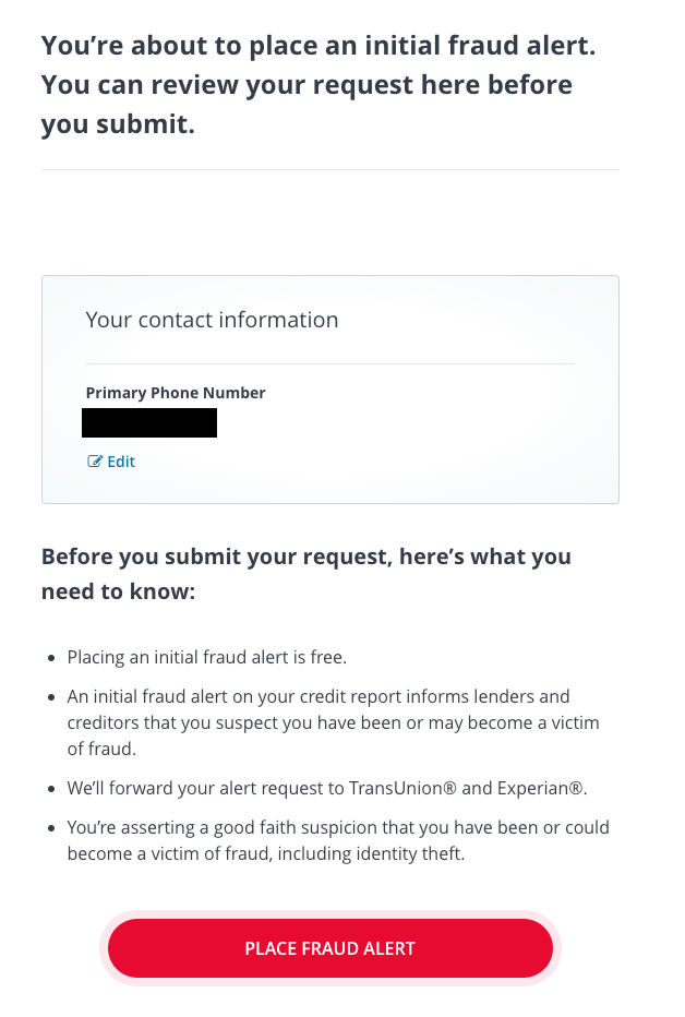 Equifax fraud alert confirmation page.