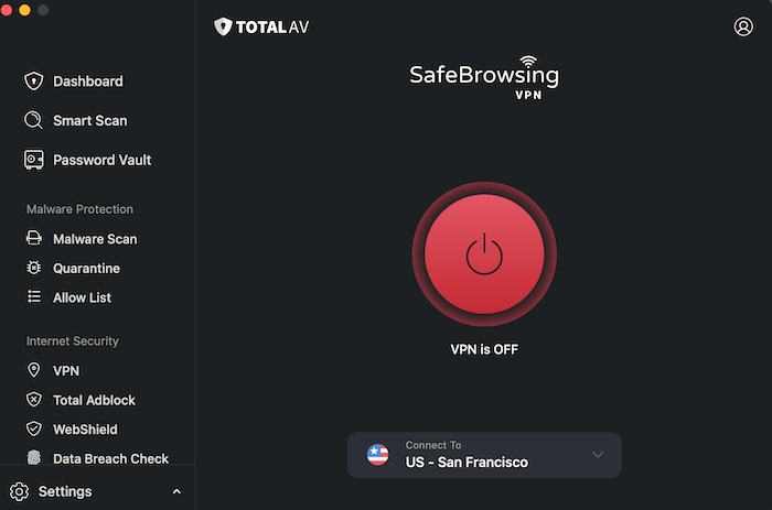 The Total VPN dashboard is tucked inside the TotalAV desktop app.