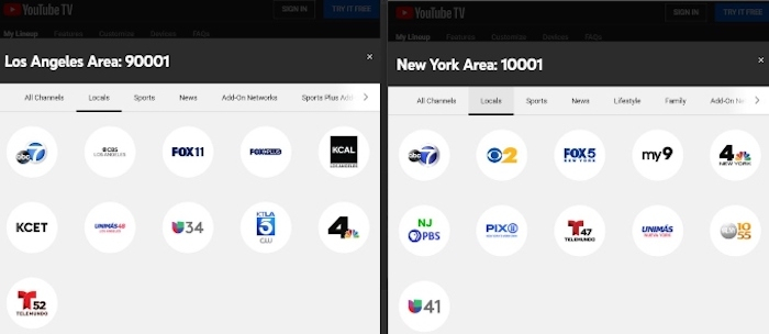 Changing your location on YouTube TV gets you access to different local channels as you can see in this comparison of local Los Angeles channels vs. local New York City channels.