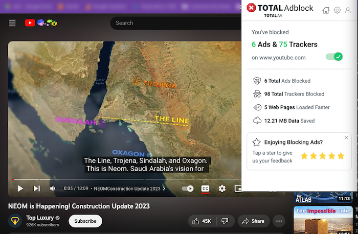 With Total Adblock turned on, we were able to watch our YouTube video without ad interruptions.