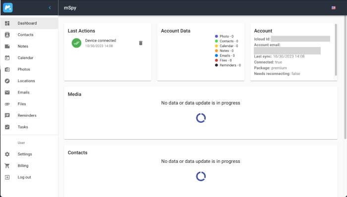 mSpy dashboard showing last actions, account data, account info, media, and contacts.