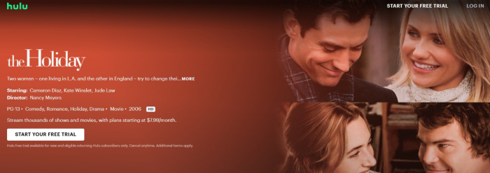 The Holiday streaming page on the Hulu website.