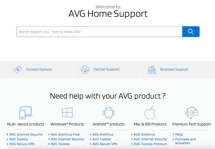 A screenshot of the AVG Home Support main page with product navigation prompts.