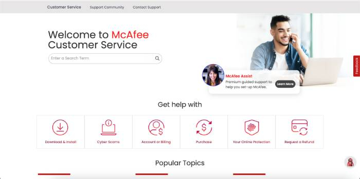 A screenshot of the McAfee Customer Service home page with help prompts.