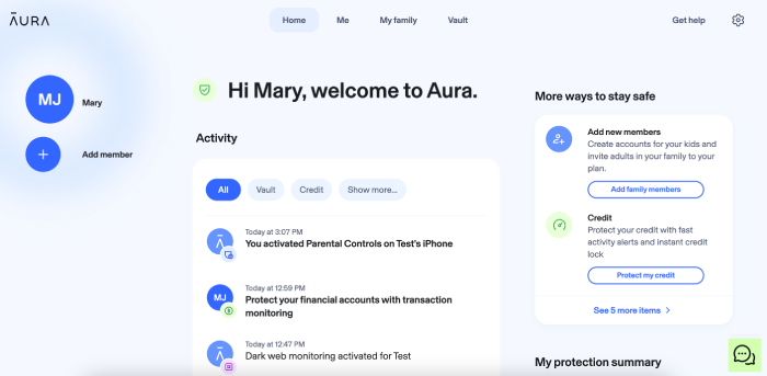 The Aura identity theft dashboard on the main page.