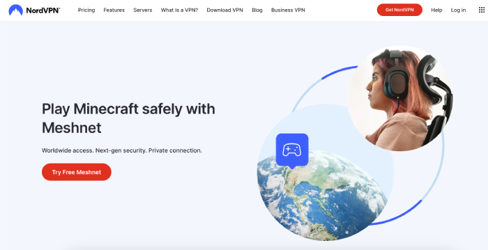 NordVPN webpage for playing Minecraft with Meshnet