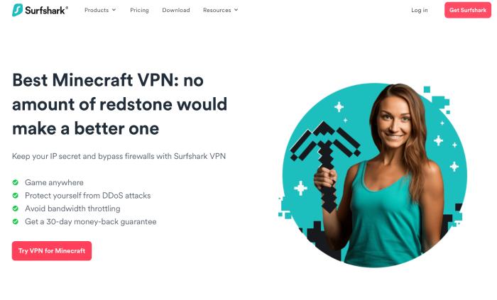 Surfshark webpage listing it as the Best Minecraft VPN.