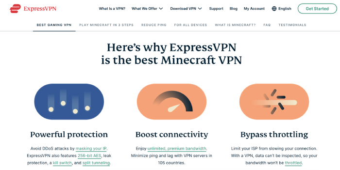 ExpressVPN webpage explaining why it's the best Minecraft VPN.