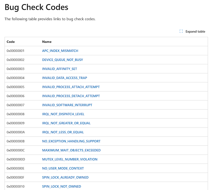 Screenshot of bug codes