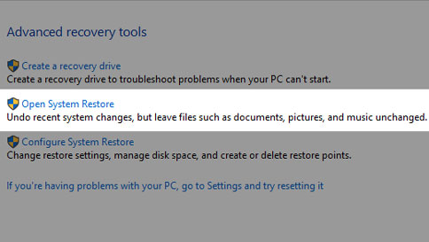 Screenshot of system restore