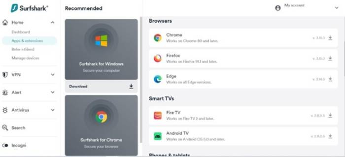 Surfshark apps and extensions with list of compatible browsers