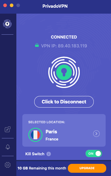 PrivadoVPN app showing a connection to a server in Paris. 