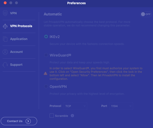 The PrivadoVPN dashboard open on the Preferences page on the VPN protocols.