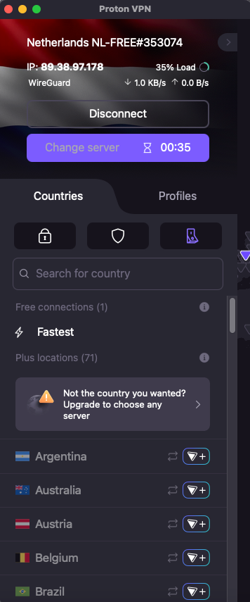 Proton VPN dashboard app showing a connection to a Netherlands server.