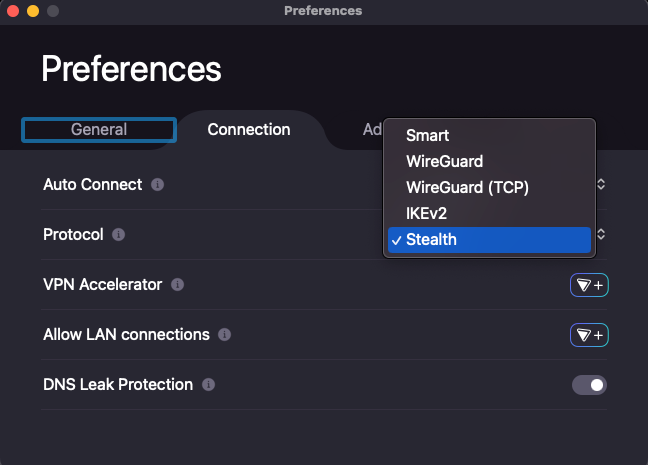 Proton VPN dashboard open on the Preferences tab.