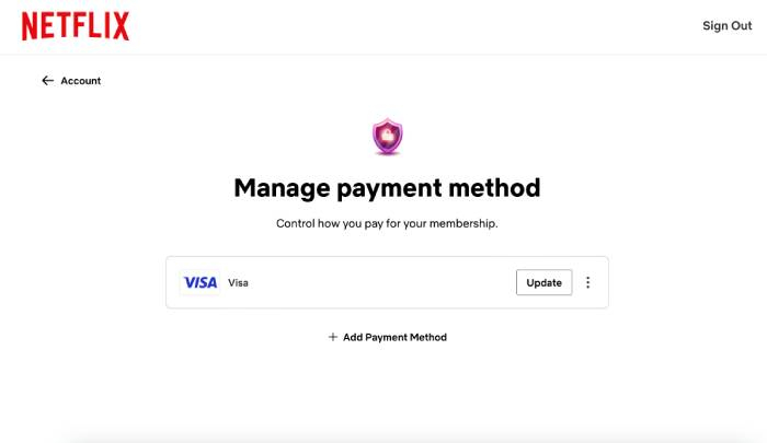 A screenshot of how to manage payment methods if Netflix account is hacked