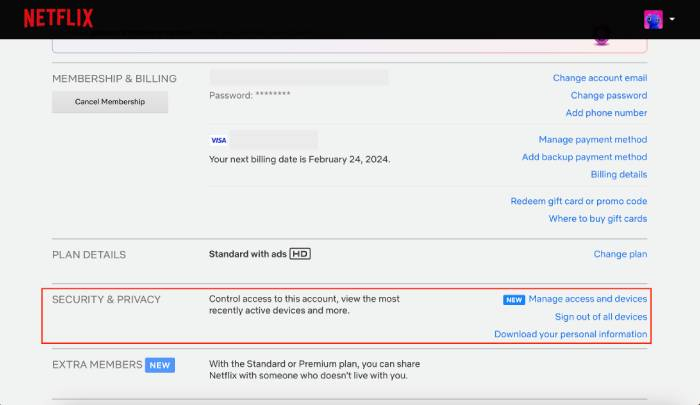 A screenshot of how to change Security and Privacy settings if Netflix account is hacked