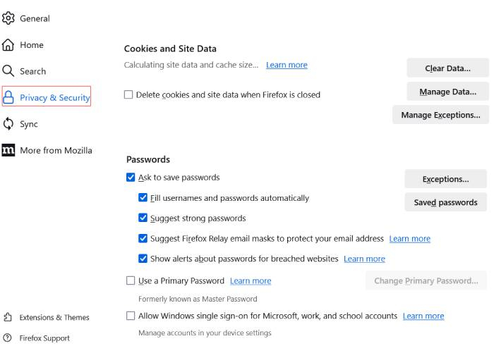 The Privacy & Security webpage under the Firefox settings in the Passwords section. There's a red box around the Privacy & Security tab.