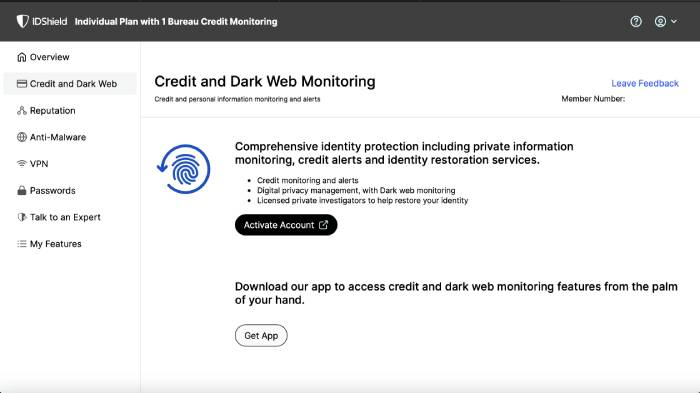 A screenshot of IDshield's credit and dark web monitoring dashboard