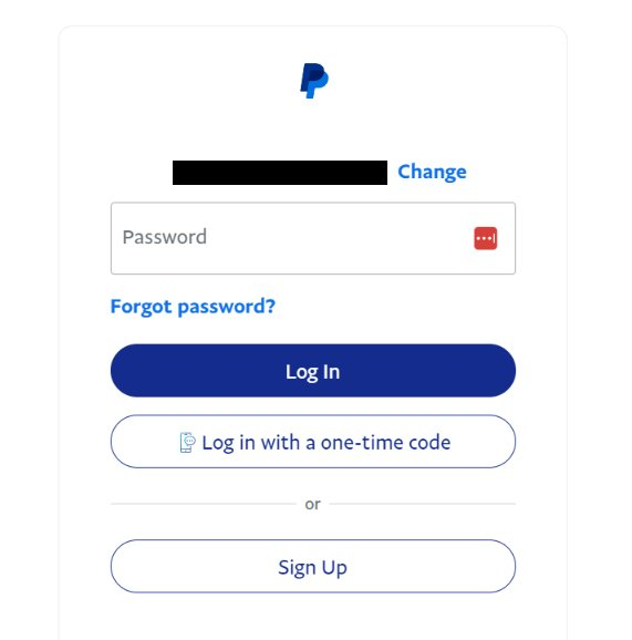 PayPal account login page with the box to fill out your password.