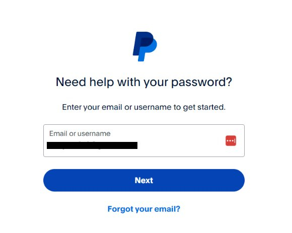 PayPal page for password help with a box to fill our your email address or username.