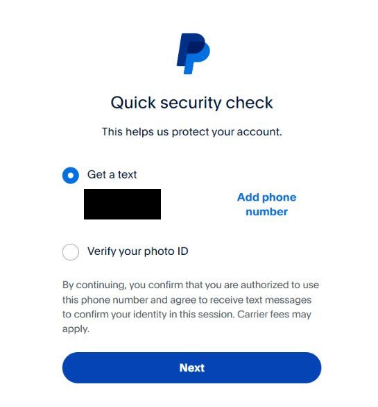 PayPal quick security check page to help protect your account.