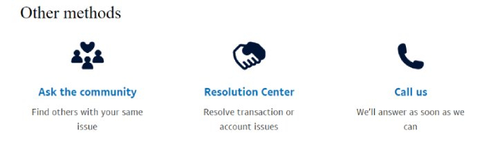 PayPal's listed contact methods including community forums, resolution center, and phone. 